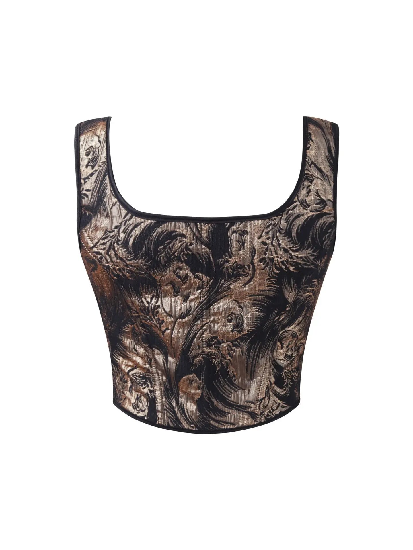 Women's Bow Tie Strap Jacquard Corset Top Front Lace Up Square Neck Cropped Waist Cincher Bustier