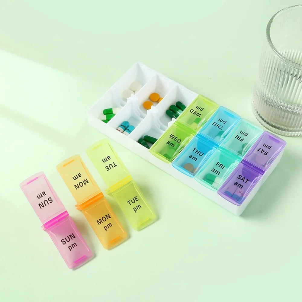 New Hot Premuim Portable Weekly Pill Organizer Case Box Storage Container 7 Day 2 Times 14 Grids for Vitamin Medicine Fish Oils