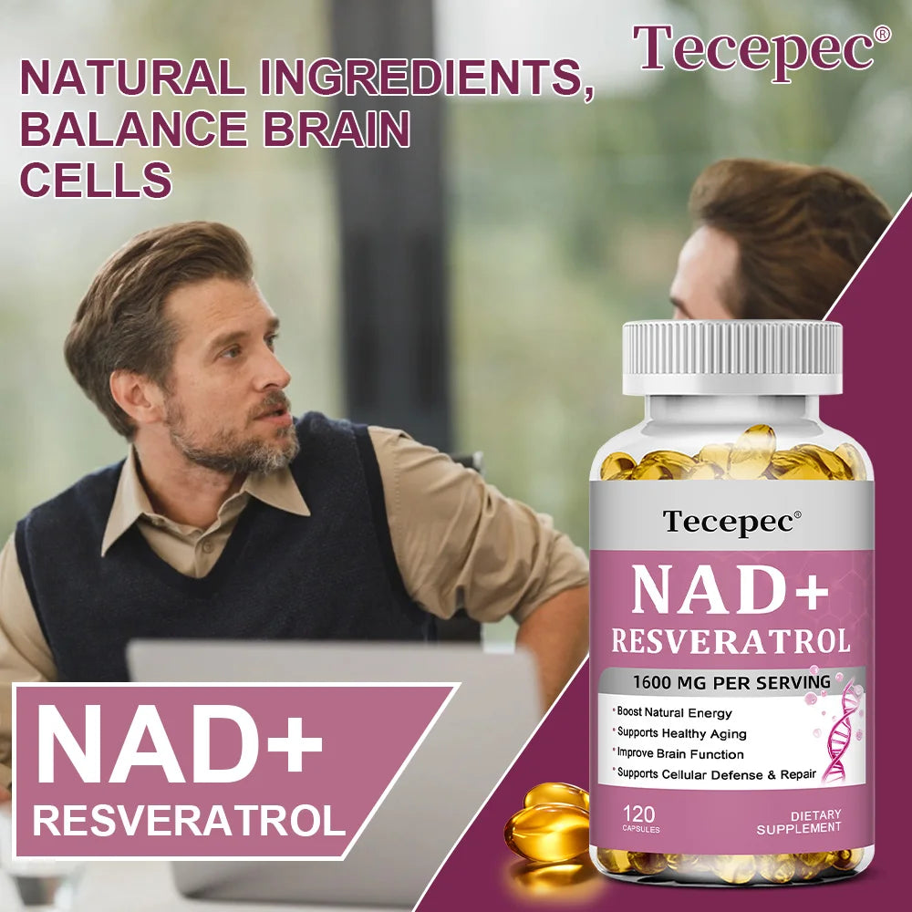 NAD+ Resveratrol - Anti-aging, Boosts Natural Energy, Promotes Cellular and Skin Health, Improves Brain Function - 120 Capsules