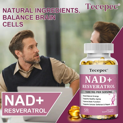 NAD+ Resveratrol - Anti-aging, Boosts Natural Energy, Promotes Cellular and Skin Health, Improves Brain Function - 120 Capsules