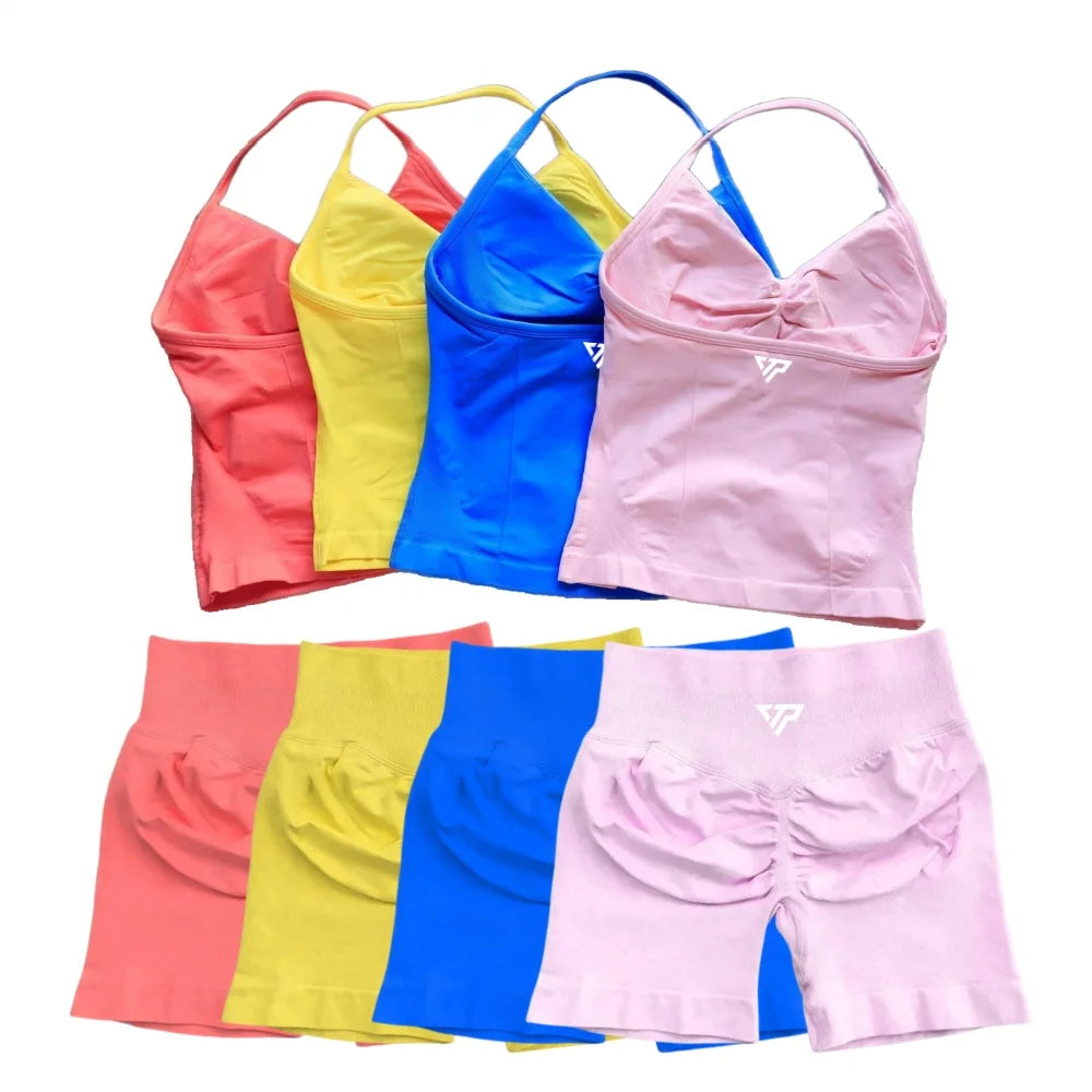Keep That Pump 2 Piece Sets Shorts Top Womens Outfits Yoga Sets Gym Sets High Quality Seamless Lace-Up Bra Scratch Sports Sets