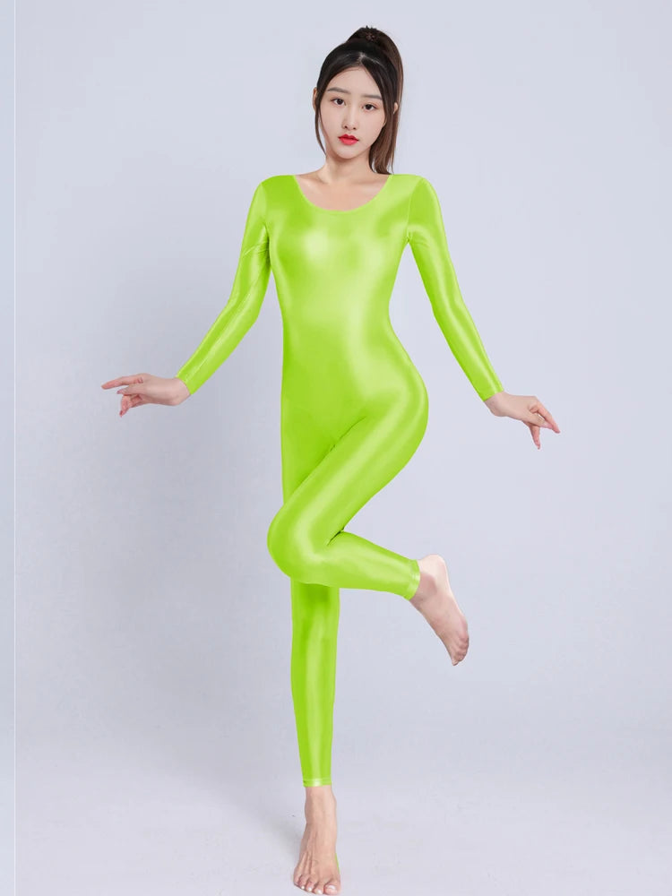 Sexy Women Yoga Shaper Dance Wear Oil Glossy Shiny Elastic Bodysuit Sheer See Through Satin Shapping Maid Tights Candy Color