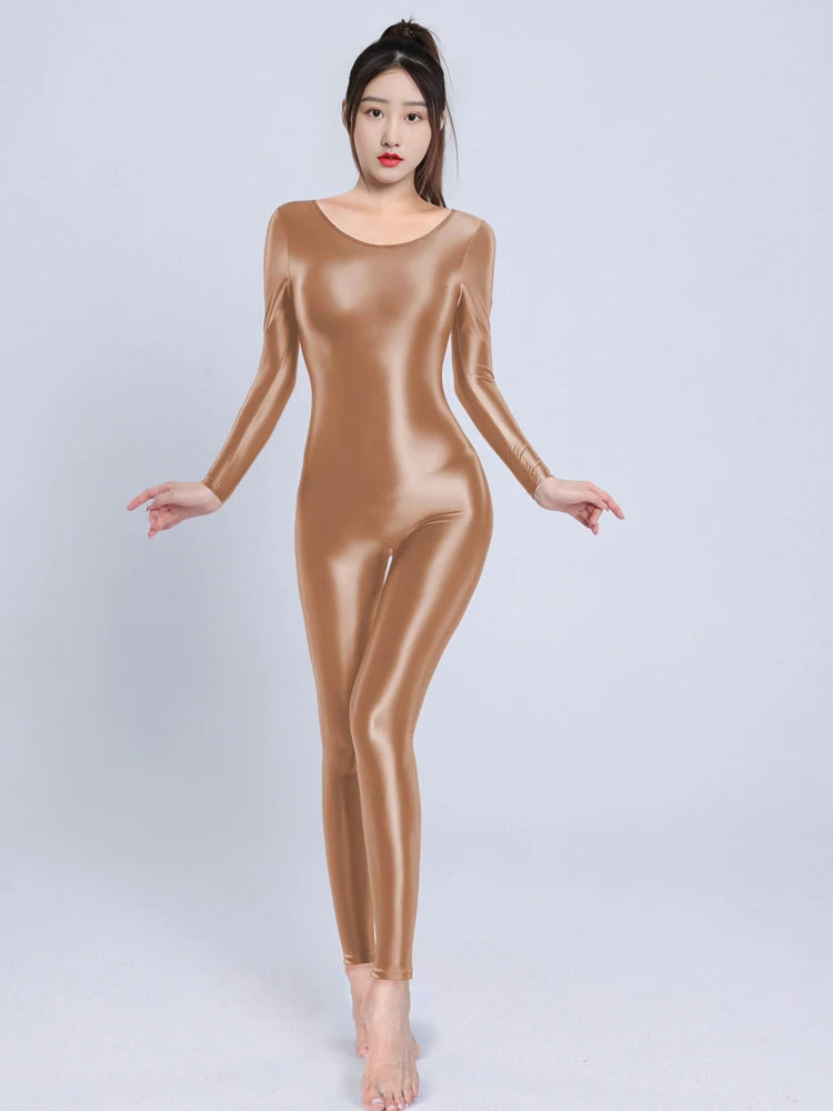 Sexy Women Yoga Shaper Dance Wear Oil Glossy Shiny Elastic Bodysuit Sheer See Through Satin Shapping Maid Tights Candy Color