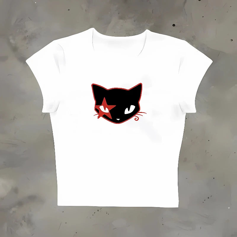 Aesthetic Harajuku Streetwear Women's Slim Fit Crop Top Y2K Gothic Emo Retro Sleeveless Vest Kitten Print Sports Vest
