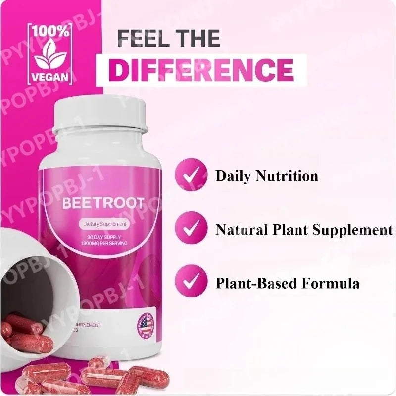 Organic Beetroot Capsules 1300mg Natural Beet Root Powder Supplement Plant-Based Formula Dietary Supplement