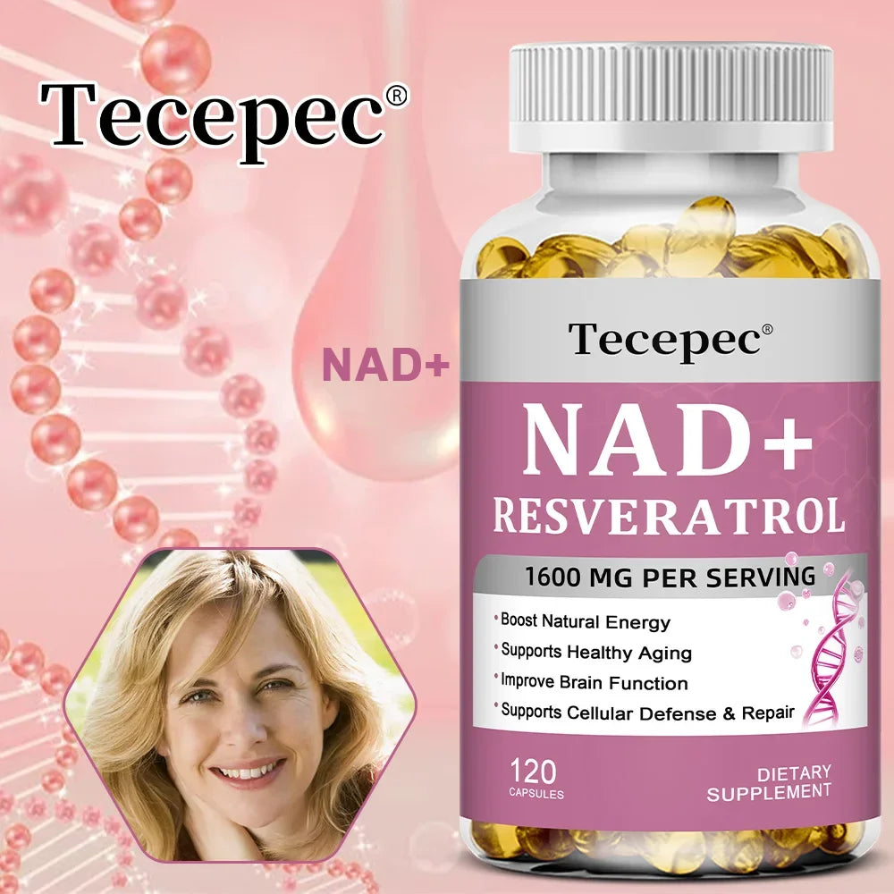 NAD+ Resveratrol - Anti-aging, Boosts Natural Energy, Promotes Cellular and Skin Health, Improves Brain Function - 120 Capsules
