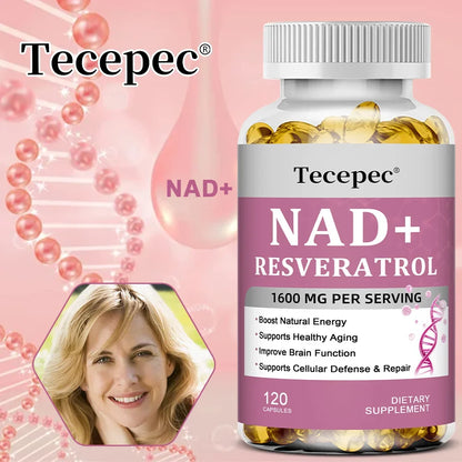 NAD+ Resveratrol - Anti-aging, Boosts Natural Energy, Promotes Cellular and Skin Health, Improves Brain Function - 120 Capsules