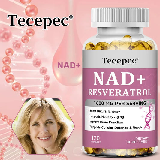 NAD+ Resveratrol - Anti-aging, Boosts Natural Energy, Promotes Cellular and Skin Health, Improves Brain Function - 120 Capsules