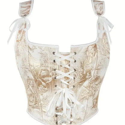 Women's Bow Tie Strap Jacquard Corset Top Front Lace Up Square Neck Cropped Waist Cincher Bustier